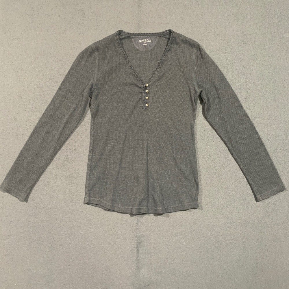 Eddie Bauer Womens Gray Waffle Knit‎ Thermal Henley V-Neck Picot Trim Top Size M